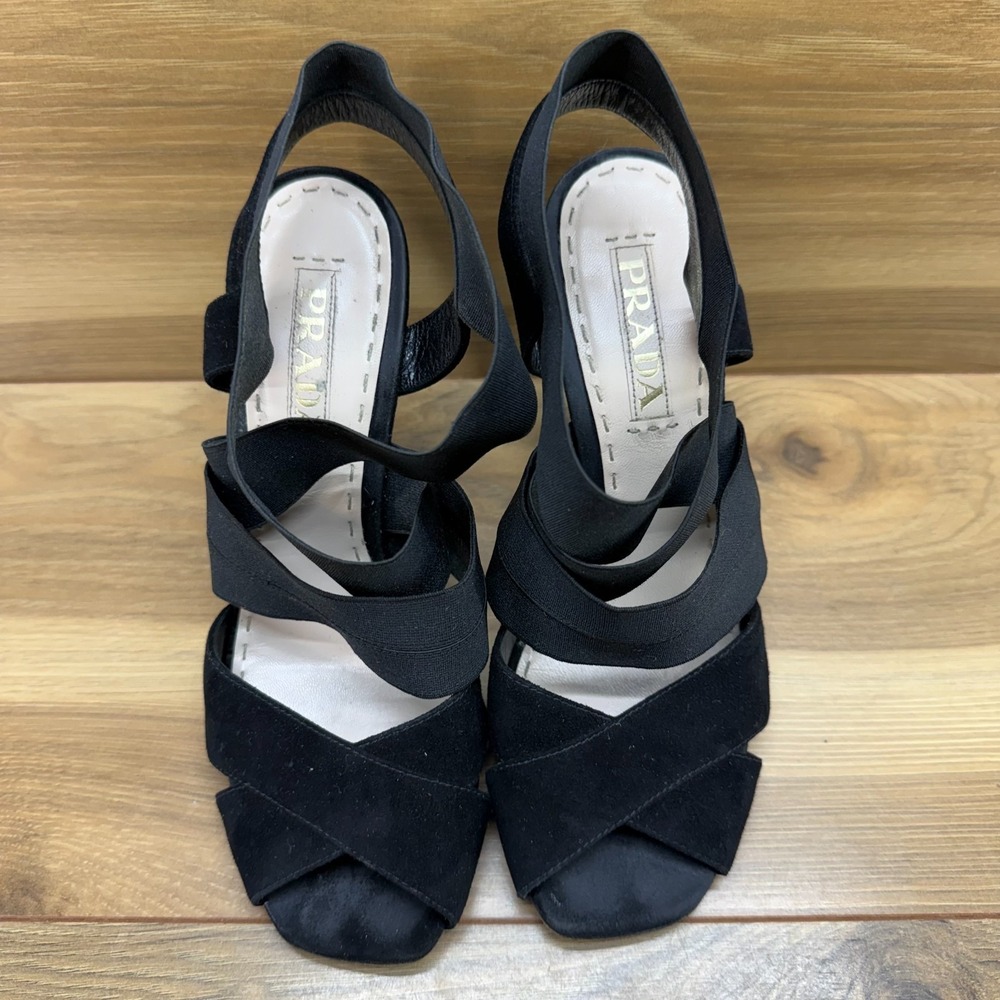 PRADA Strappy Heels Square Toe 7 EU 37 Black Suede Stretch Sandals - Picture 4 of 10